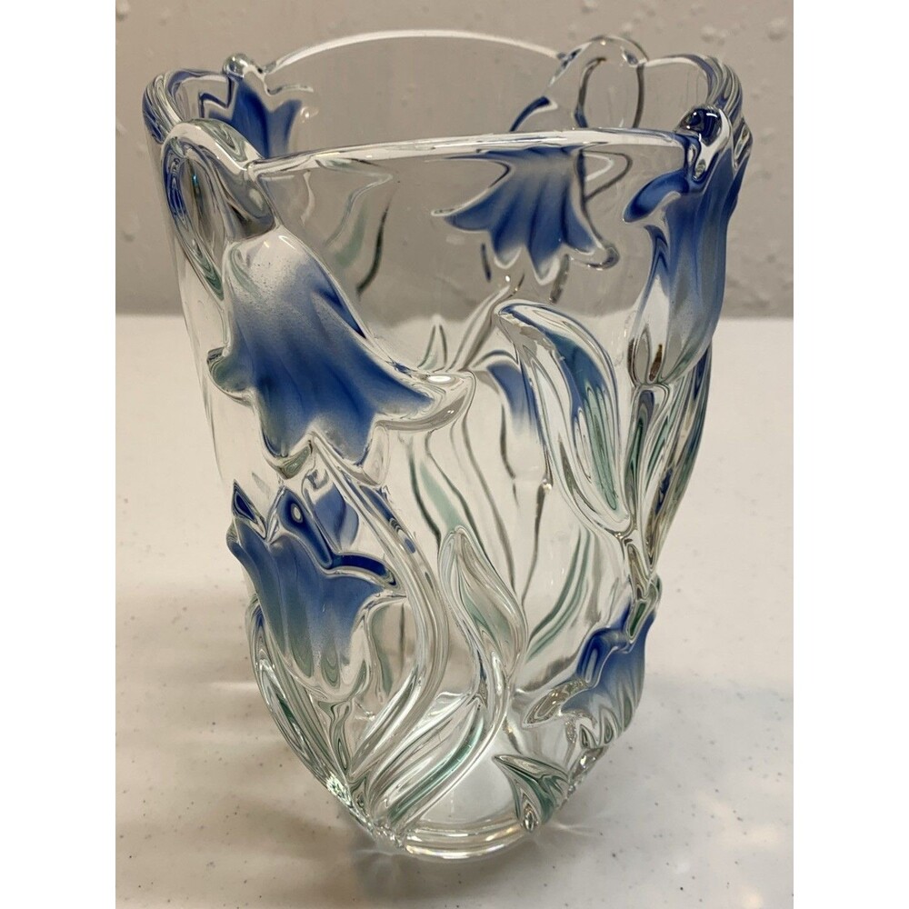Vintage MIKASA Bluebells Glass Vase With Frosted Raised Floral Blue Green 8”
